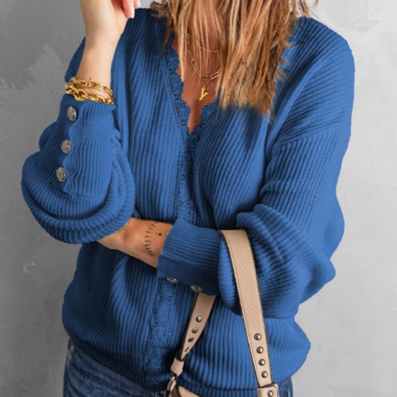 NWOT Lace Front V Neck Knitted Pullover Sweater(224515) - Picture 2 of 6